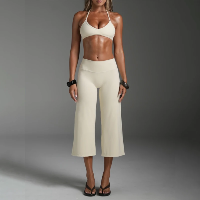 2026 Custom Halter Sports Bra & Calf-Length Wide Legs Yoga Leggings High-Waisted Yoga Activewear 2 Piece Workout Sets For Women