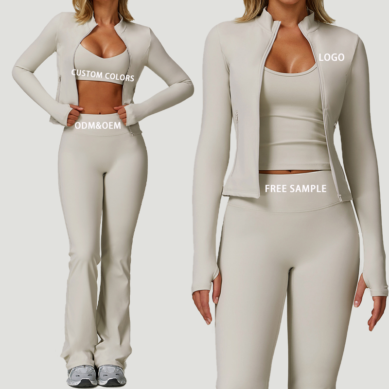 Three Piece Yoga Set Quarter Zip Racerback Crop Top High Waist Full Length Pants Seamless Breathable Solid Color ODM OEM