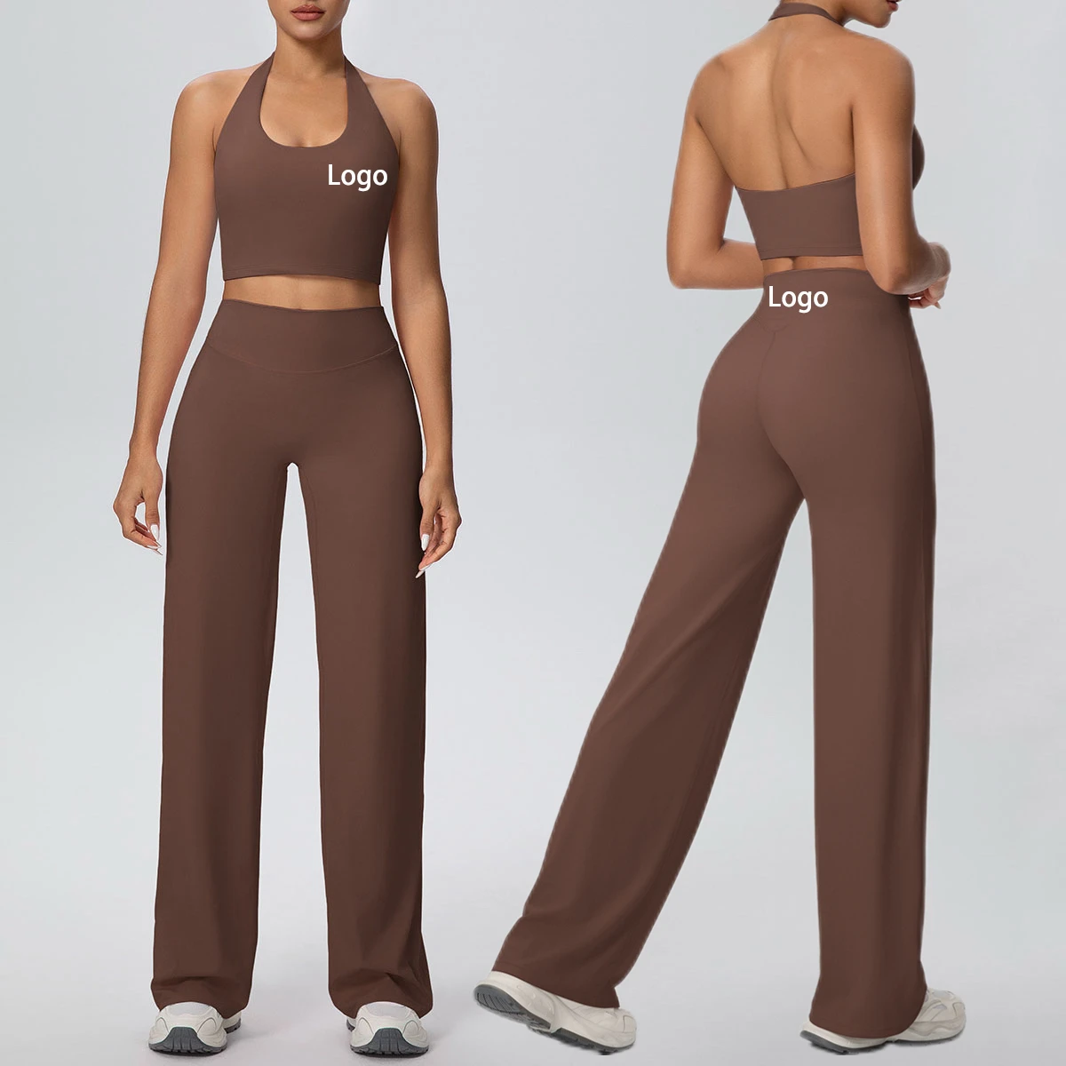 Custom Logo Halter Neck Sports Bra High Waist Flare Pants 2 Piece Set Women Yoga Pilates Outfit Quick Dry Nude Gym Fitness Set