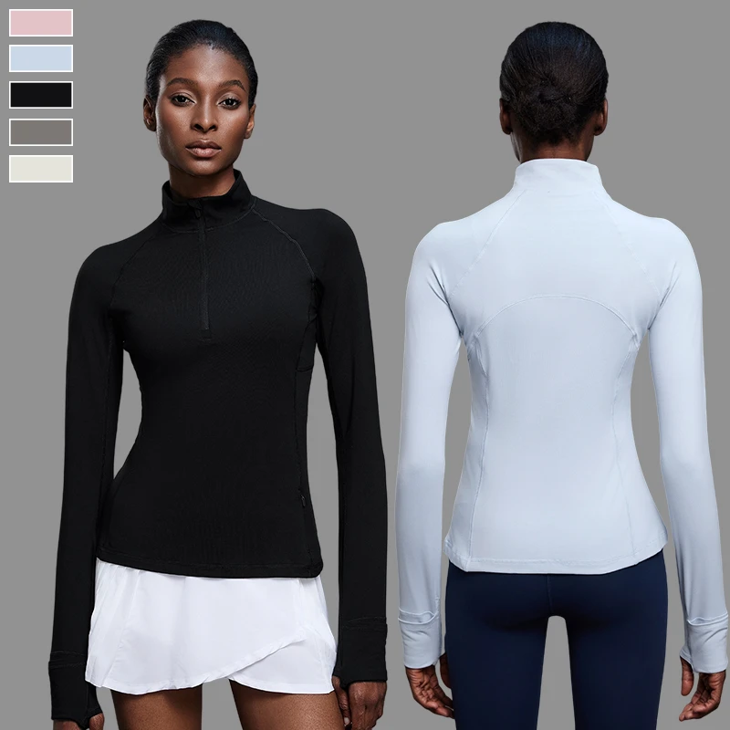 Custom Logo Half Zipper Slim Fit Gym Stand Collar Thumb Holes Long Sleeve Fitness Yoga Shirt with Pocket for Women
