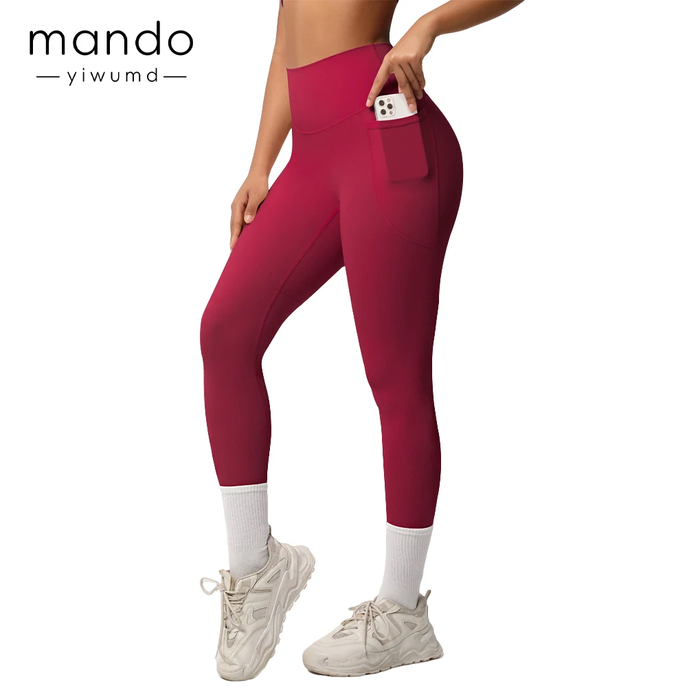 Mando Women's High Waist Spandex Leggings Soft Comfort Stretch Non-Front Seam Running Pants Side Pockets Small Size Solid Print