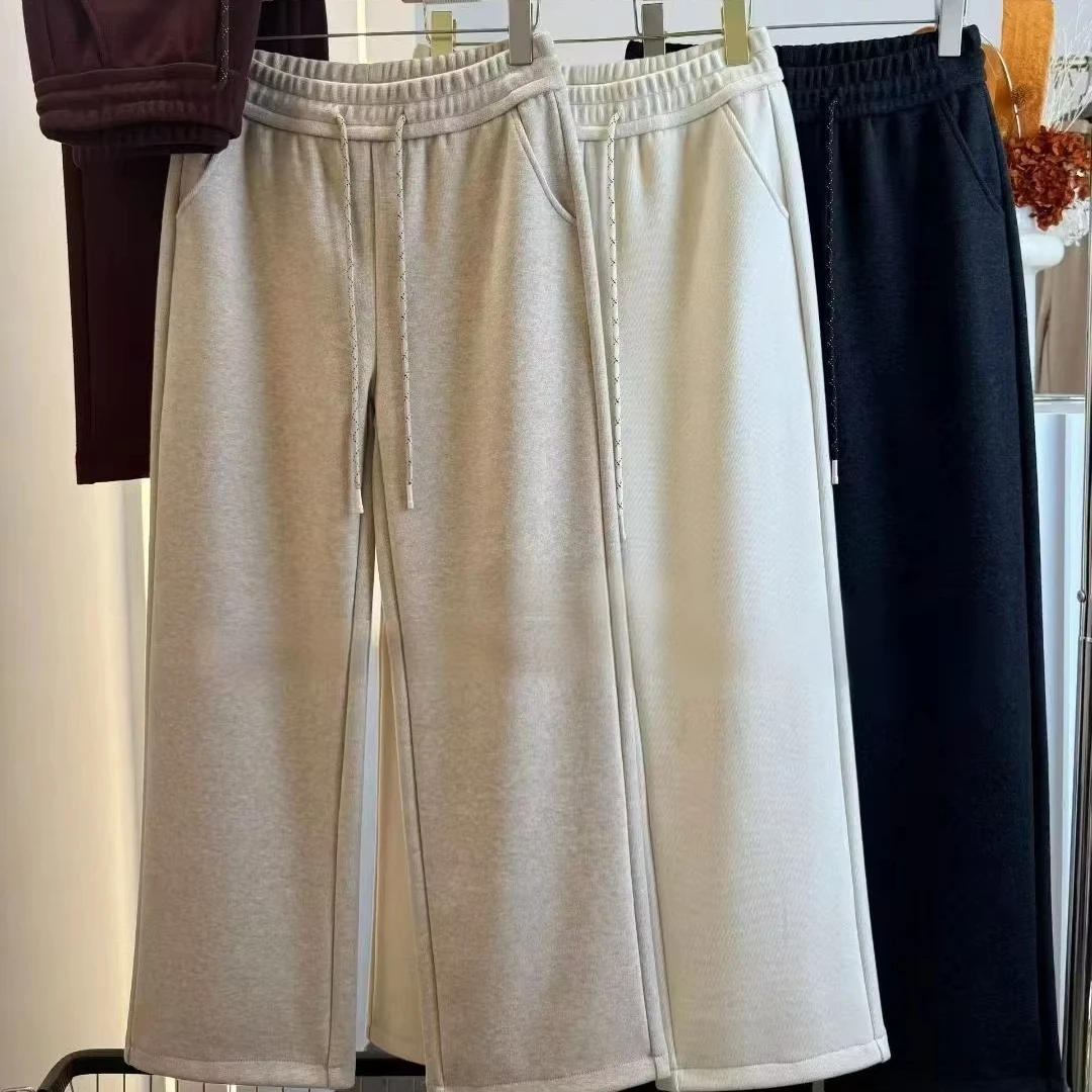 Women's High Waist Loose Version Sports Wide Leg Full Length Pants Wool Flat Front Eco-Friendly Printed Spring Elastic Washed