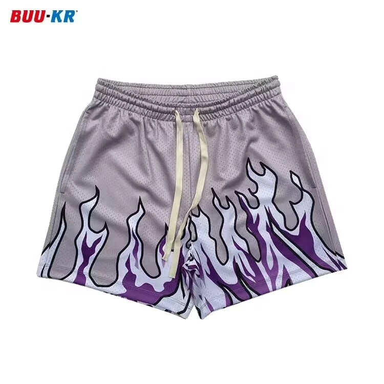 Buker Custom Logo All Over Print Mesh Shorts 5 in Inseam Basketball Casual Flame Shorts Set for Men