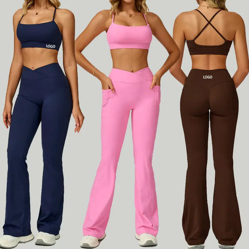 New Design Solid Front Logo 5 Piece Yoga Sets for Women Crisscross Straps High Waist Quick Dry & Breathable