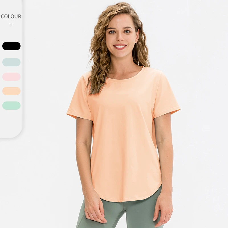Women's Fashion Half-Sleeve Yoga Top Quick-Drying Workout Sports T-Shirt Lightweight Breathable Elastic Fitness Wear Solid Crew