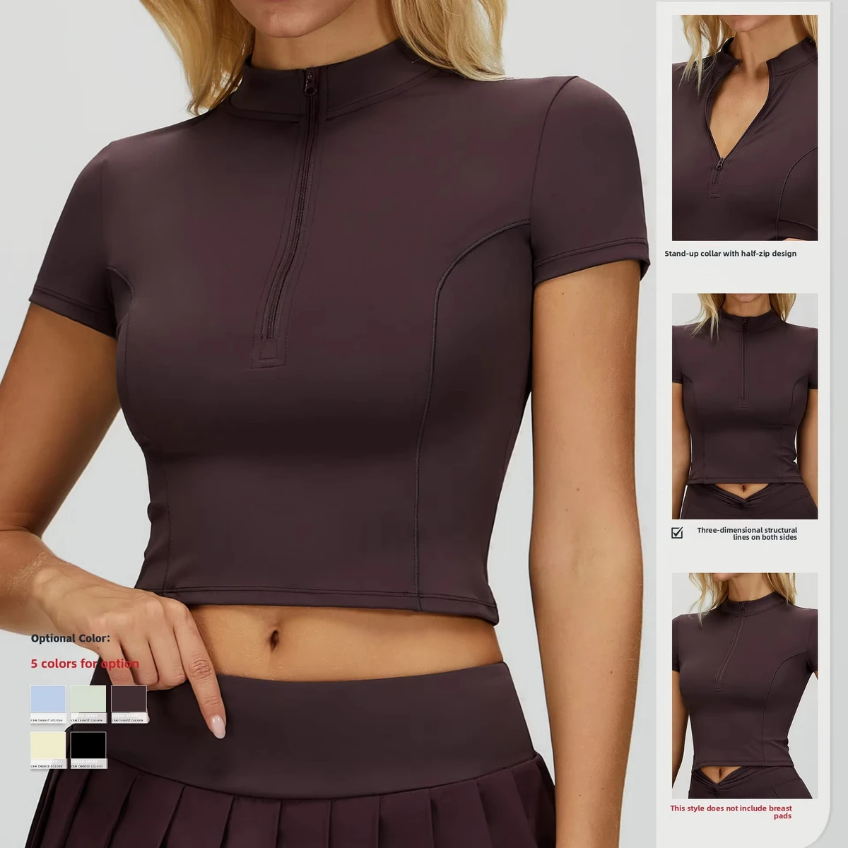 TongJoes Cross-Border Women's Yoga Short-Sleeve Stand-Up Collar Zipper Skinny Fit Four-Way Stretch Sweat-Wicking Front