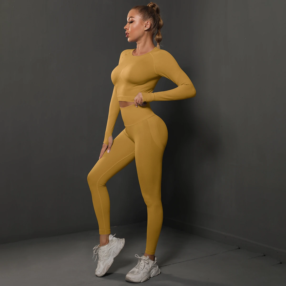 High Quality Sportswear 2 Piece Suit Breathable Women Clothing Gym Fitness Sets Sports Crop Top Long Sleeve Leggings Yoga Set