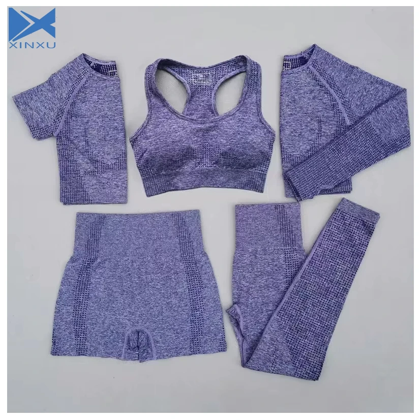 XINXU Wholesale Quick Dry Womens Soft Elastic Sports Running Fitness Gym Seamless Solid 5 PCS Yoga Set