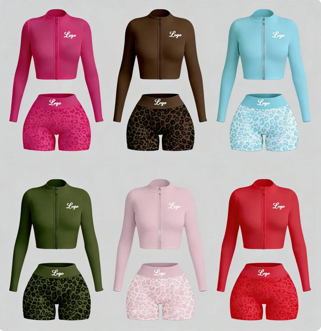 Custom Women 2 Piece Workout Sets, Long Sleeve Zip Up Crop Top High Waist Leopard Print Biker Shorts Activewear Women's Sets