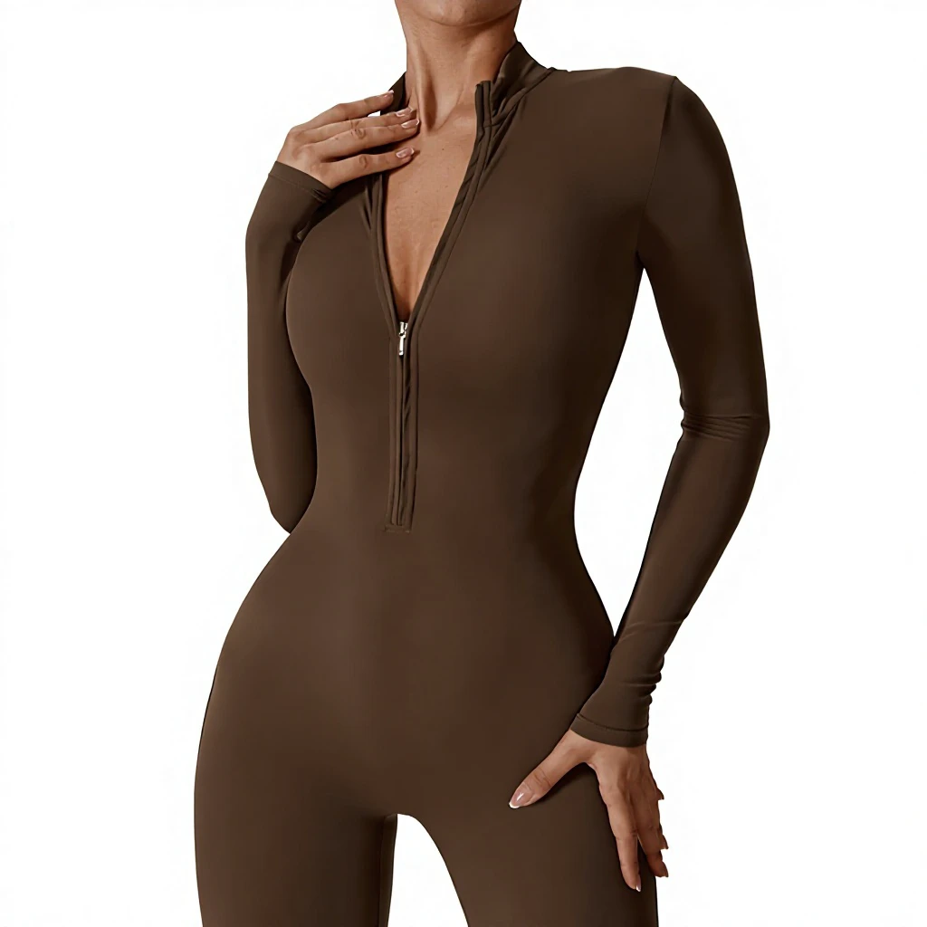 Yali European American Spandex/Nylon Zipper Solid Long-Sleeved Sweat-Wicking Yoga Suit 2-Piece Set High-Intensity Fitness