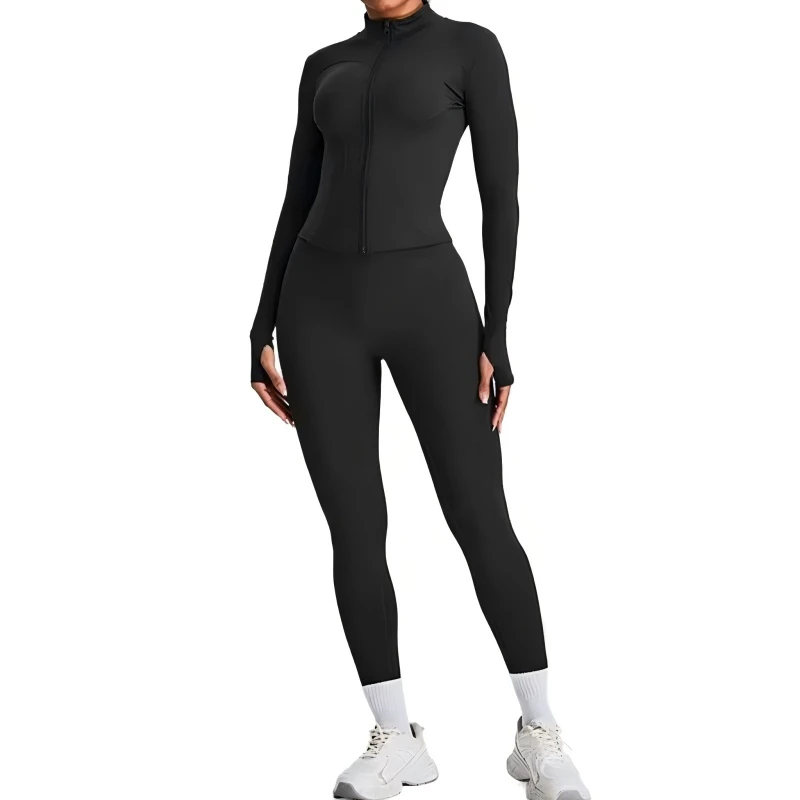 Custom Logo Women's Quick-Dry Breathable Long-Sleeve Zipper Yoga Running Pilates Tight-Fitting Fitness Sportswear Top and Pants