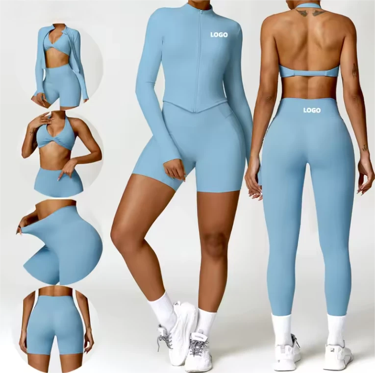 Custom Logo Seamless 4 Piece Yoga Set, High Waist Gym Suit, Small MOQ 2pcs Activewear for Boutique