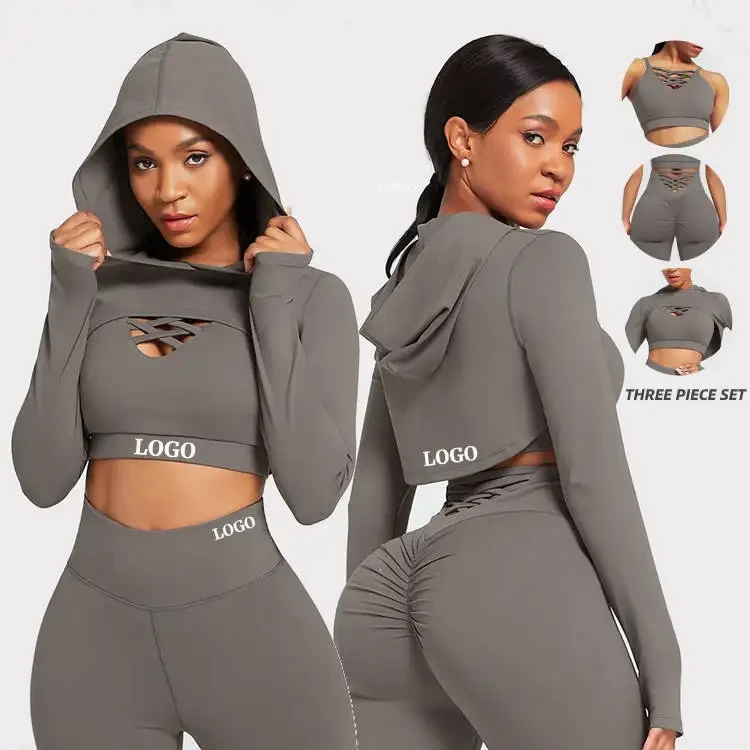 2023 Custom Logo 3 Pieces Women Sportswear Seam Sports Bra High Waist Leggings Suit Active Wear Athletic Gym Fitness Yoga Sets
