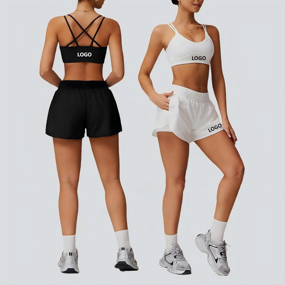 Gym Sportswear Halter Fitness Bra Yoga Shorts Set Plus Size Spandex/Nylon Breathable Lightweight Elastic Waist Solid Pattern