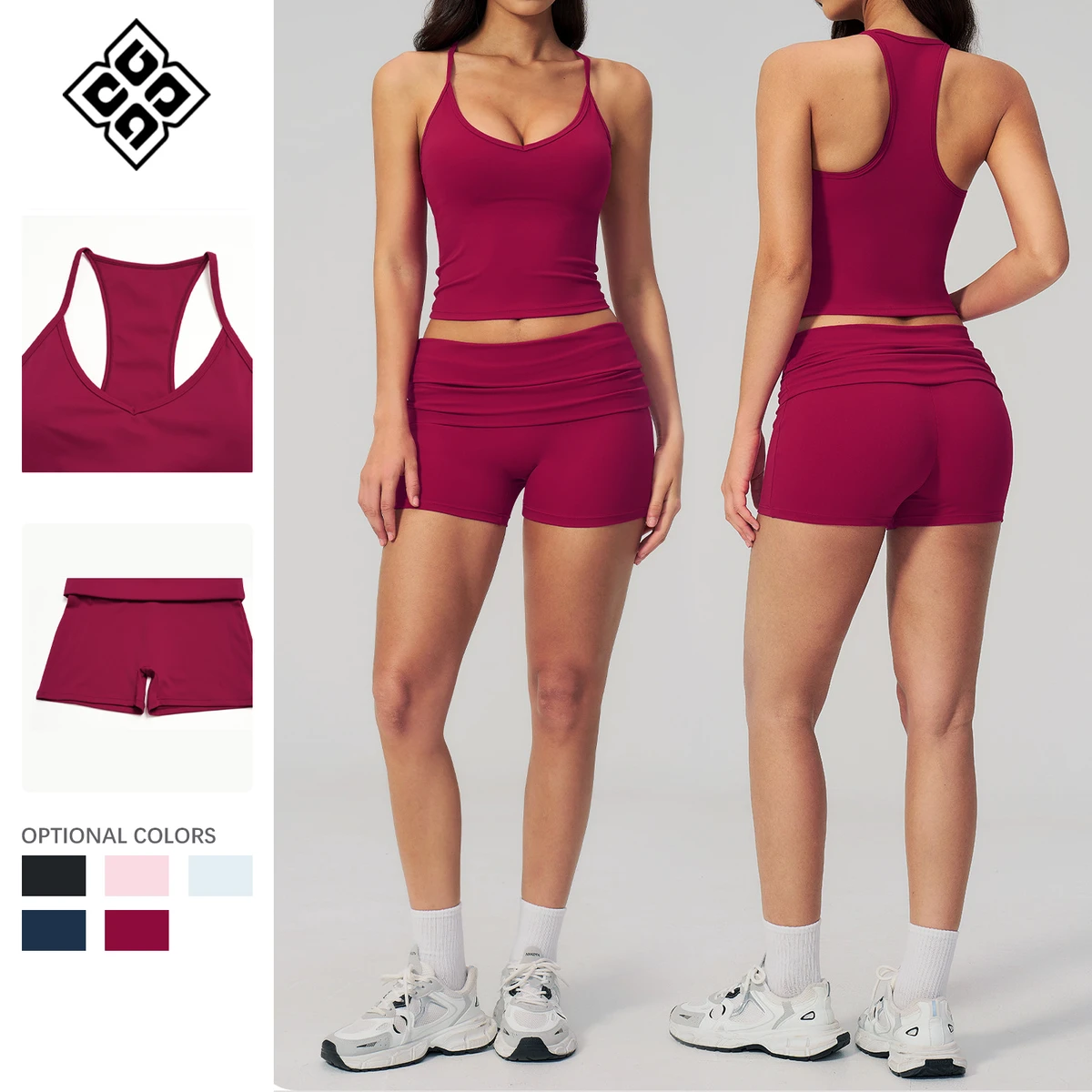 Yoga Suit Set Racerback Tank Top Foldover Waist Biker Shorts Fitness Wear Workout Outfit For Women Gym Pilates