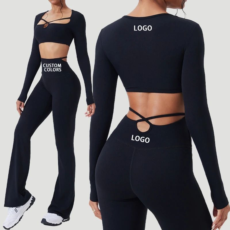 Wholesale Custom Yoga Set Hollowed Out Yoga Fitness Suit Running High Waisted Flared Pants Longsleeved Set Gym Wear