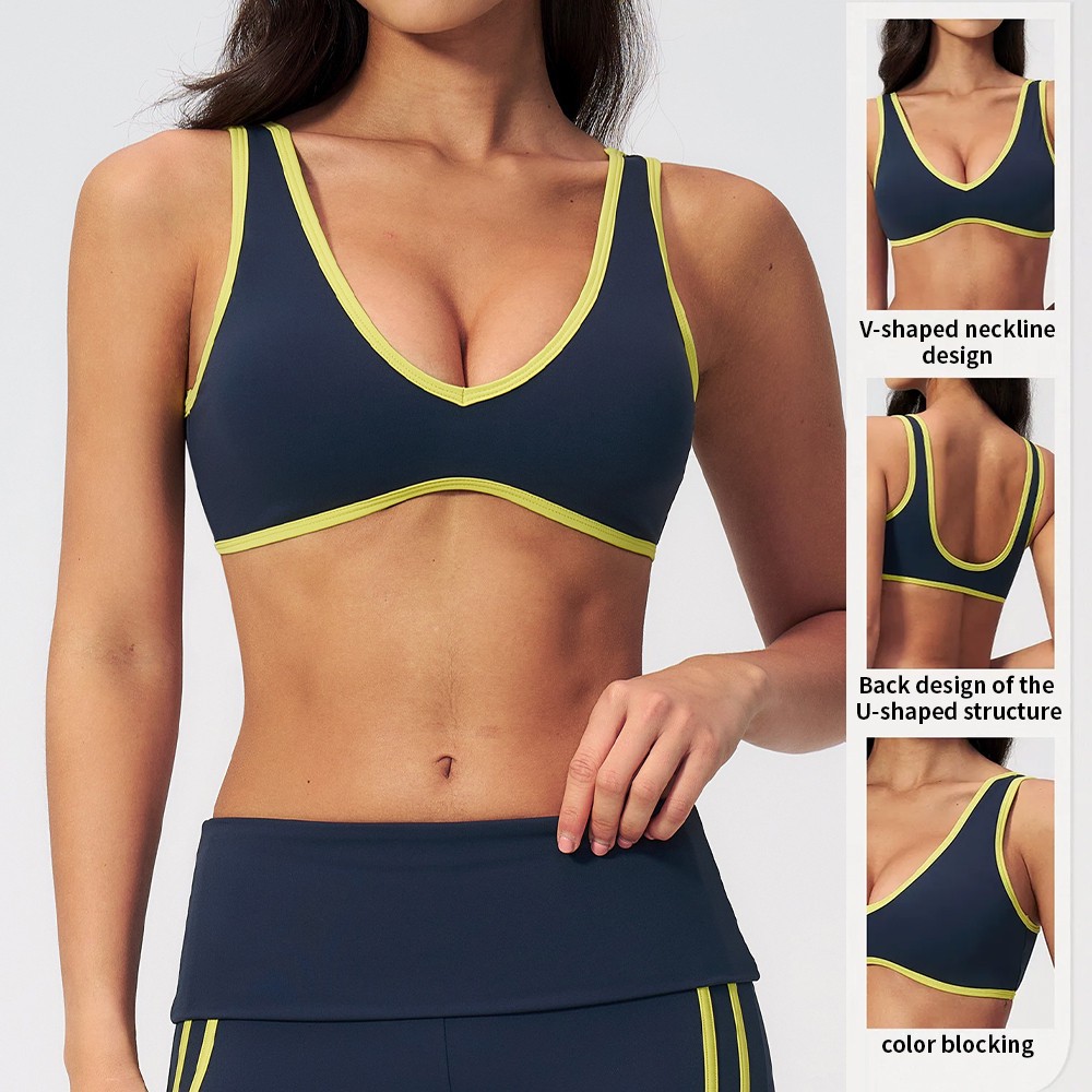 Custom Women's V Neck U Back Sports Bra Removable Pads Medium Support Yoga Bra for Workout Gym