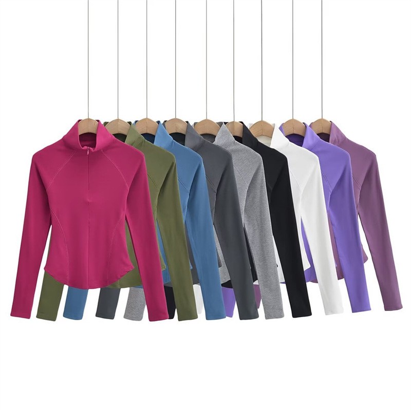 American Non-Fleece Spandex/Nylon Semi-High Collar Skinny Fit Long-Sleeved Solid Color Yoga Shirt Quick-Dry Breathable Women's