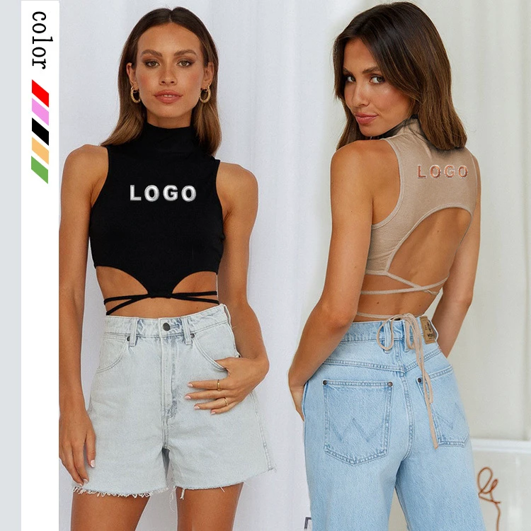 Custom Logo Summer Ladies Black Sleeveless Backless Ribbed High Neck Crop Top Sexy Bandage Women Tank Top
