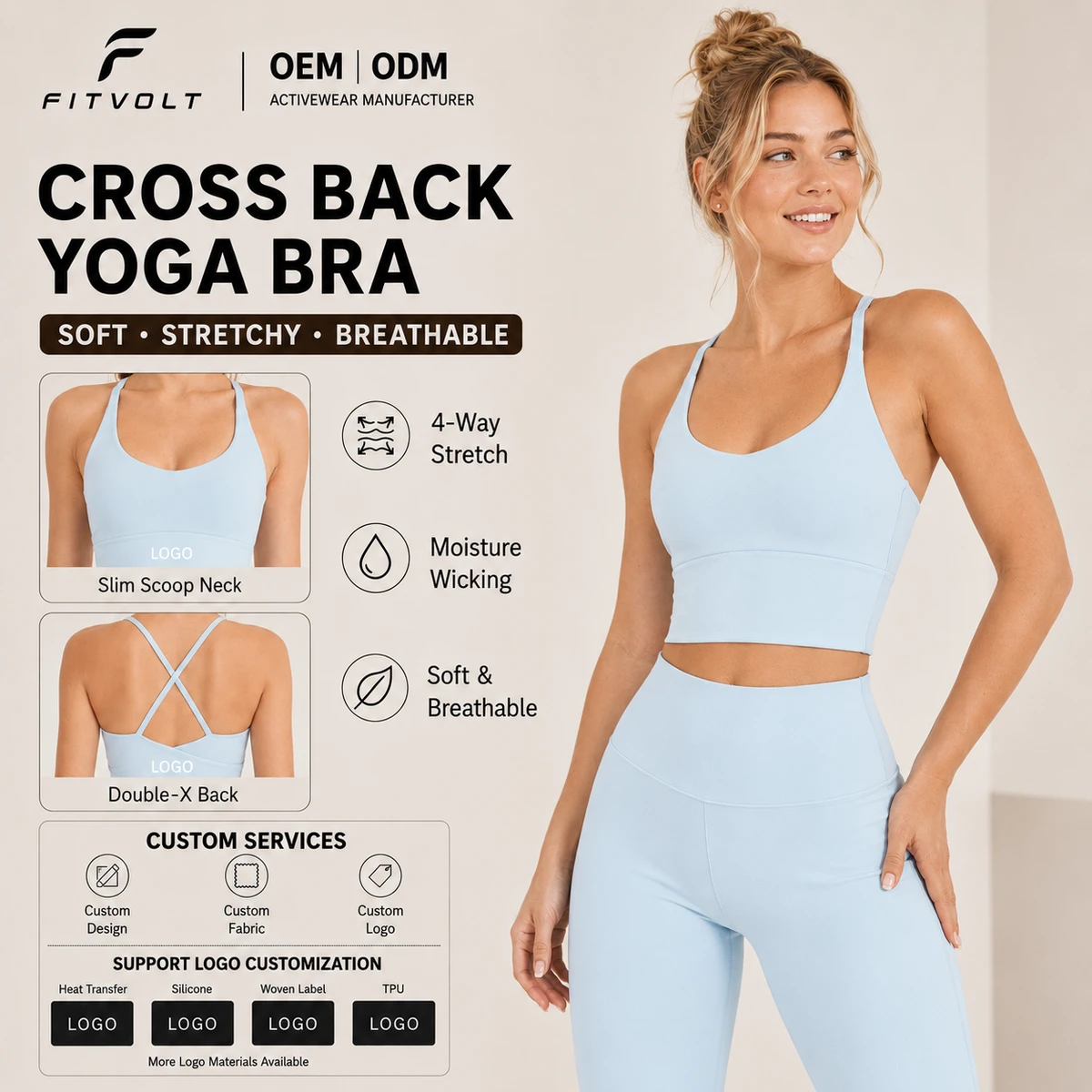 FITVOLT Double X Cross Back High Support Sports Bra Women Slimming U-NECK Padded Yoga Four-Way Stretch Breathable Seamless Crop