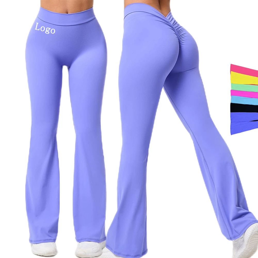 Women's Custom Logo Fitness Clothes Low Waist Yoga Pants V-Back Design Scrunch Butt Lifting Flared Sports Leggings Elastic Waist