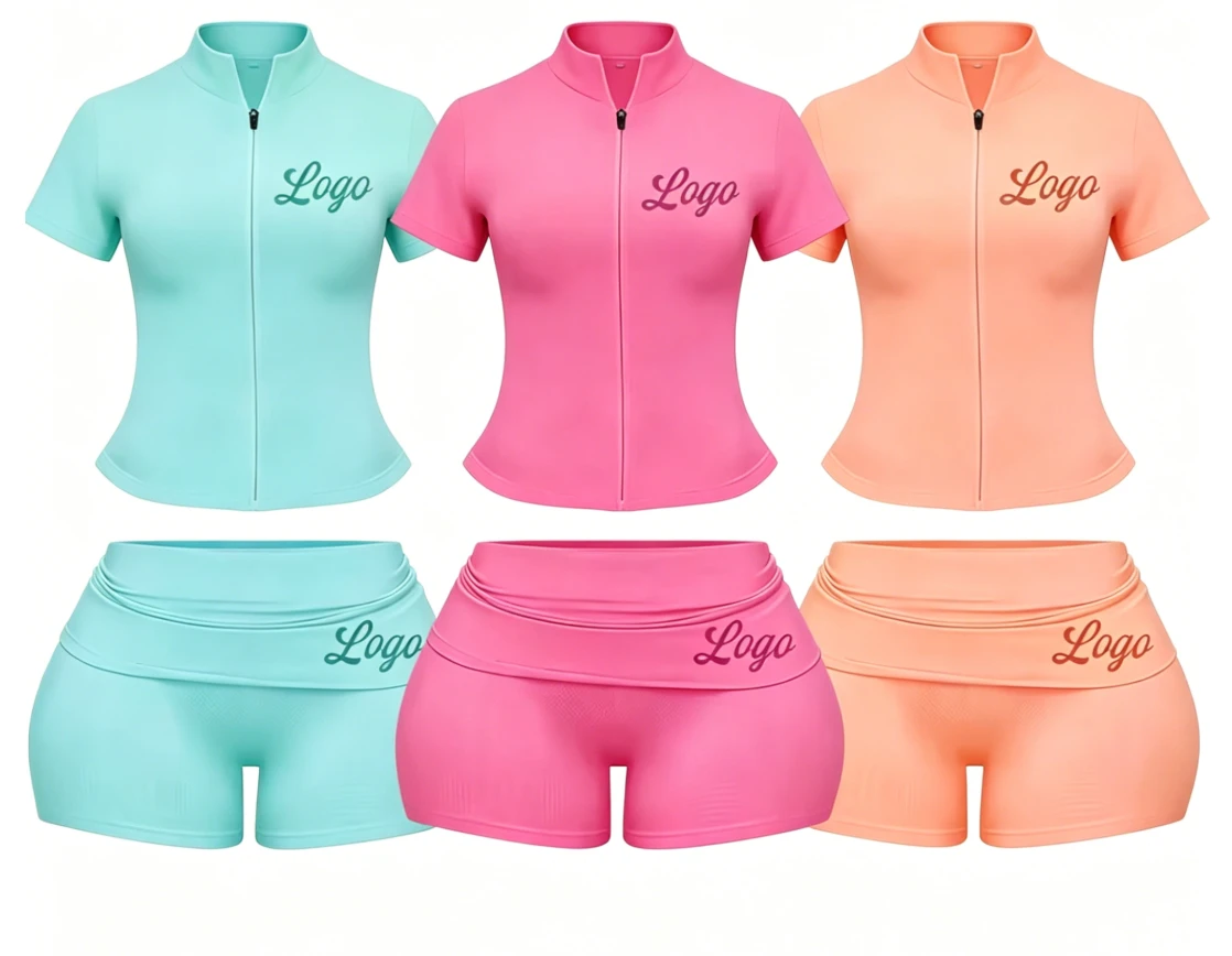 Custom Logo Women 2 Piece Yoga Sets, Short Sleeve Zip up Stand Collar Crop Top High Waist Booty Shorts Yoga Activewear