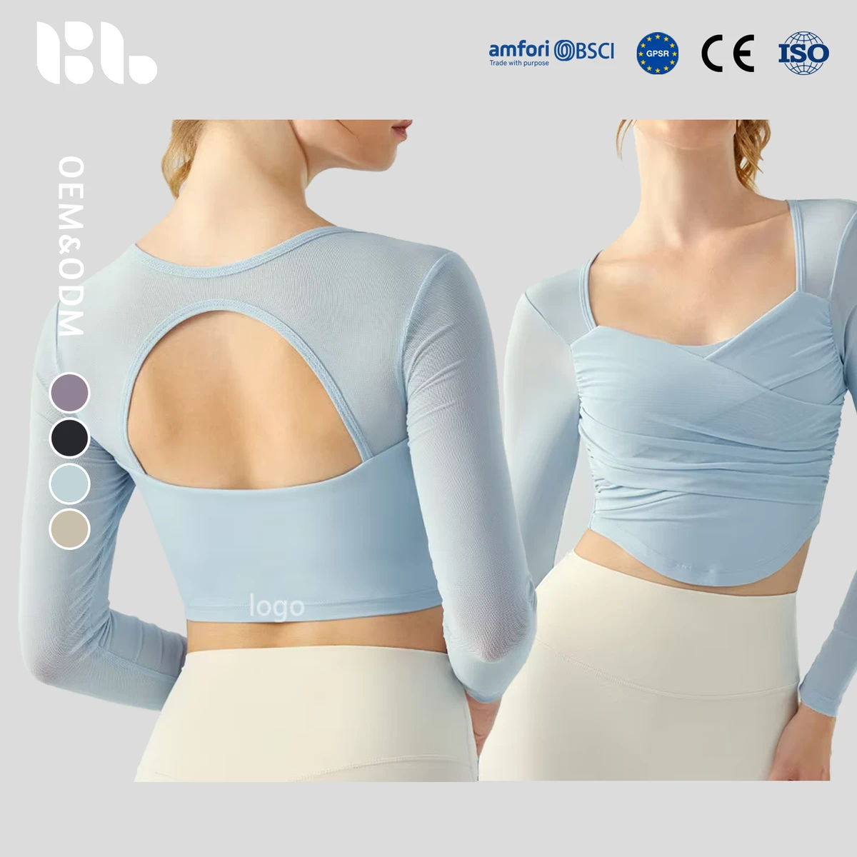 Autumn Winter Cross-Pleated Yoga Long-Sleeve Women's Top Chest Pads Hollow Mesh Short Quick-Dry Sports T-Shirt Fitness