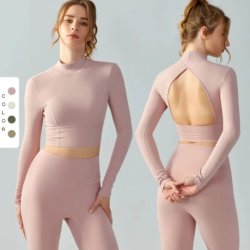MAYYOUNG Stand Collar Long Sleeve Yoga Wear Women Hollow-Out Back Running Fitness Top with Water Drop Half Fixed Cup