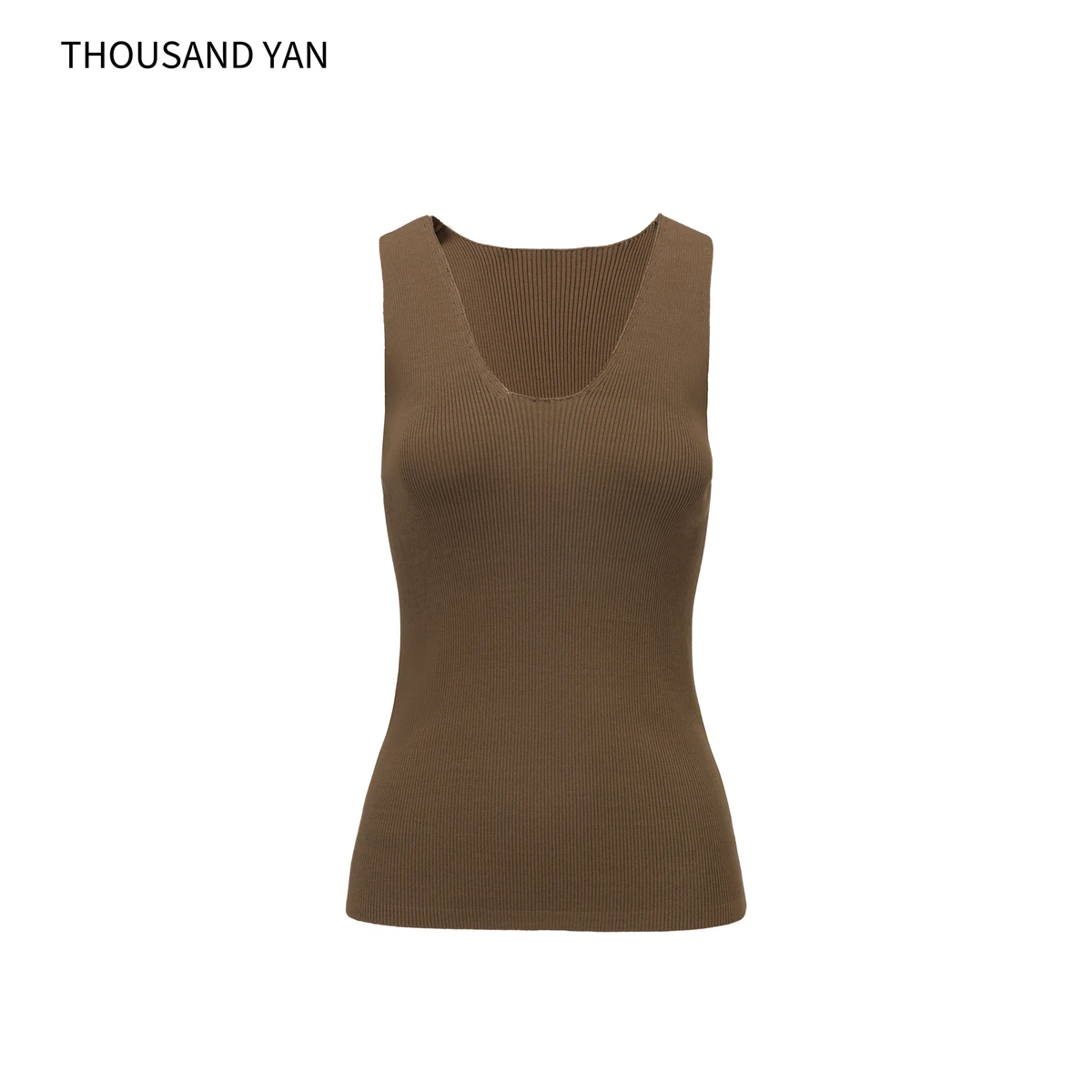 Women's Brown V-Neck Ribbed Knit Tank Top 70% Viscose 30% Nylon Slim Fit Sleeveless Vest