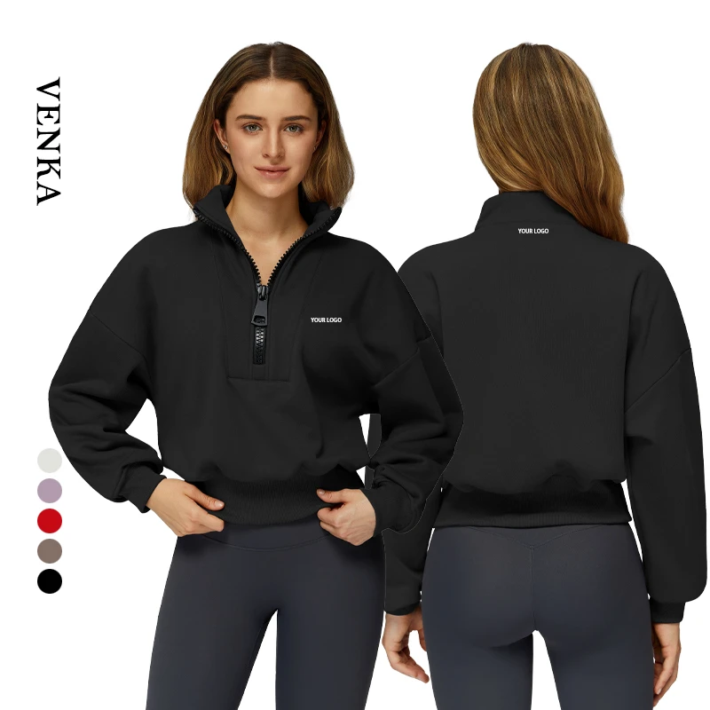 Women's Half Zip Stand Collar Long Sleeve Drawstring Adjust Hem Sweatshirts Cotton Polyester Running Sport Wear Women Yoga Top