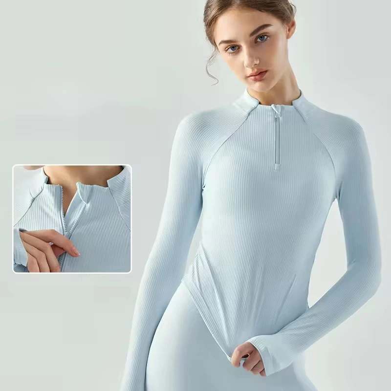 Compression Crop Top Gym Women Zippered Slim Thin Yoga Top Quick Drying Fitness Suit Ribbing Long Sleeves Workout Training