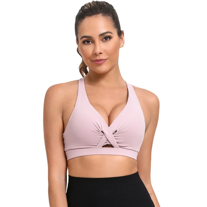 Seamless Sports Bra for Women - Supportive V-Neck Workout Bra with Flattering Cross Back for Gym, Yoga & Running