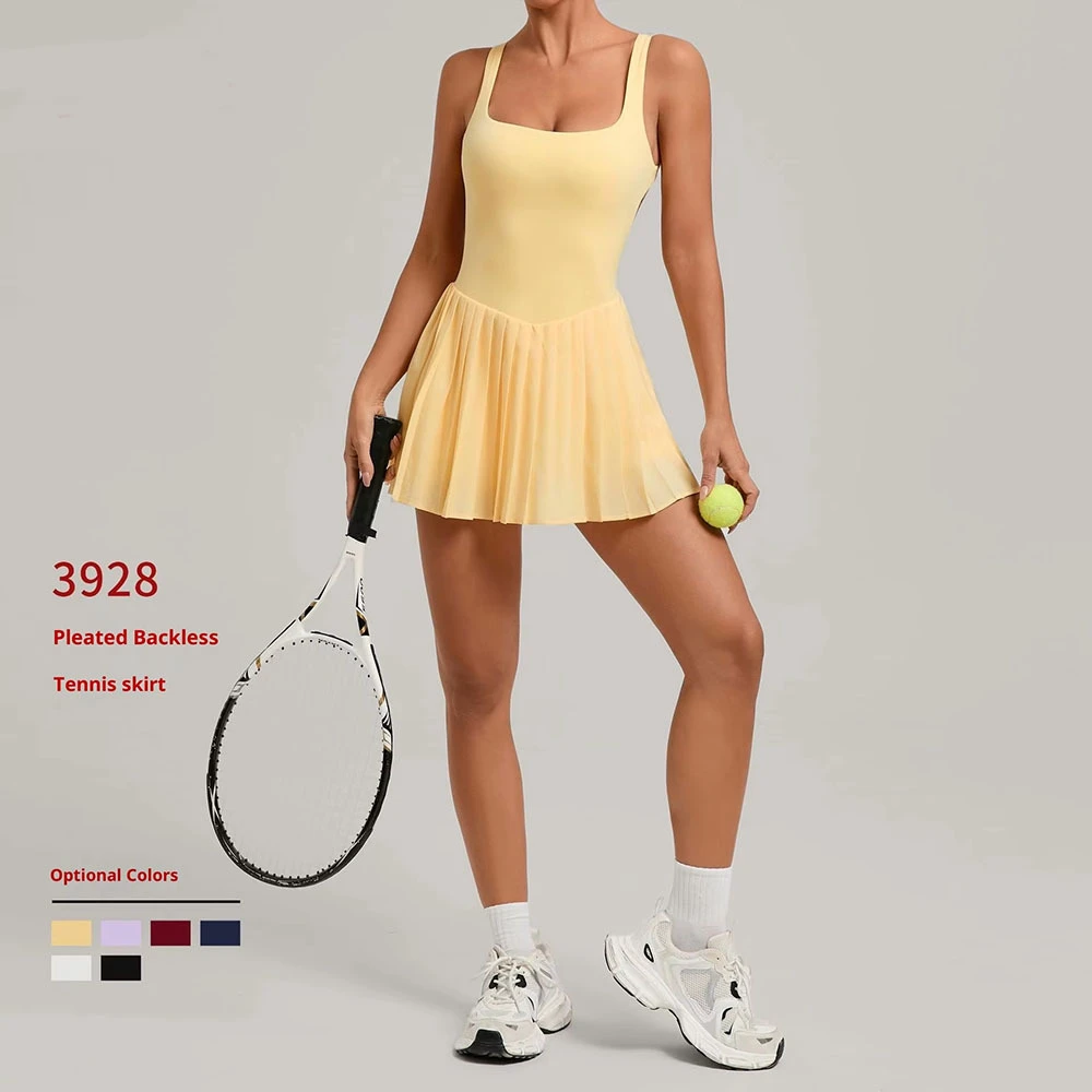 New European American Big Backless Sports Dress Women's Anti-slip Pleated Yoga Skirt Outdoor Fitness Tennis Front Breathable