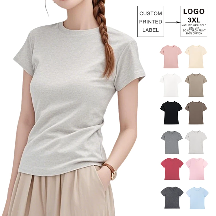 220G White Round Neck Custom Graphic Cotton And Elastic Ladies Women'S T-Shirt Summer T Shirts Women