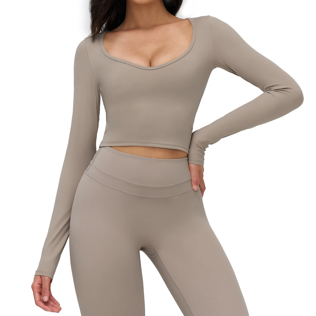 TongJoes Cross-border Sanding Yoga Nine Quarter Sleeve Neckline Tight-fit Sweat-Wicking for Front Casual Clothing Outdoor