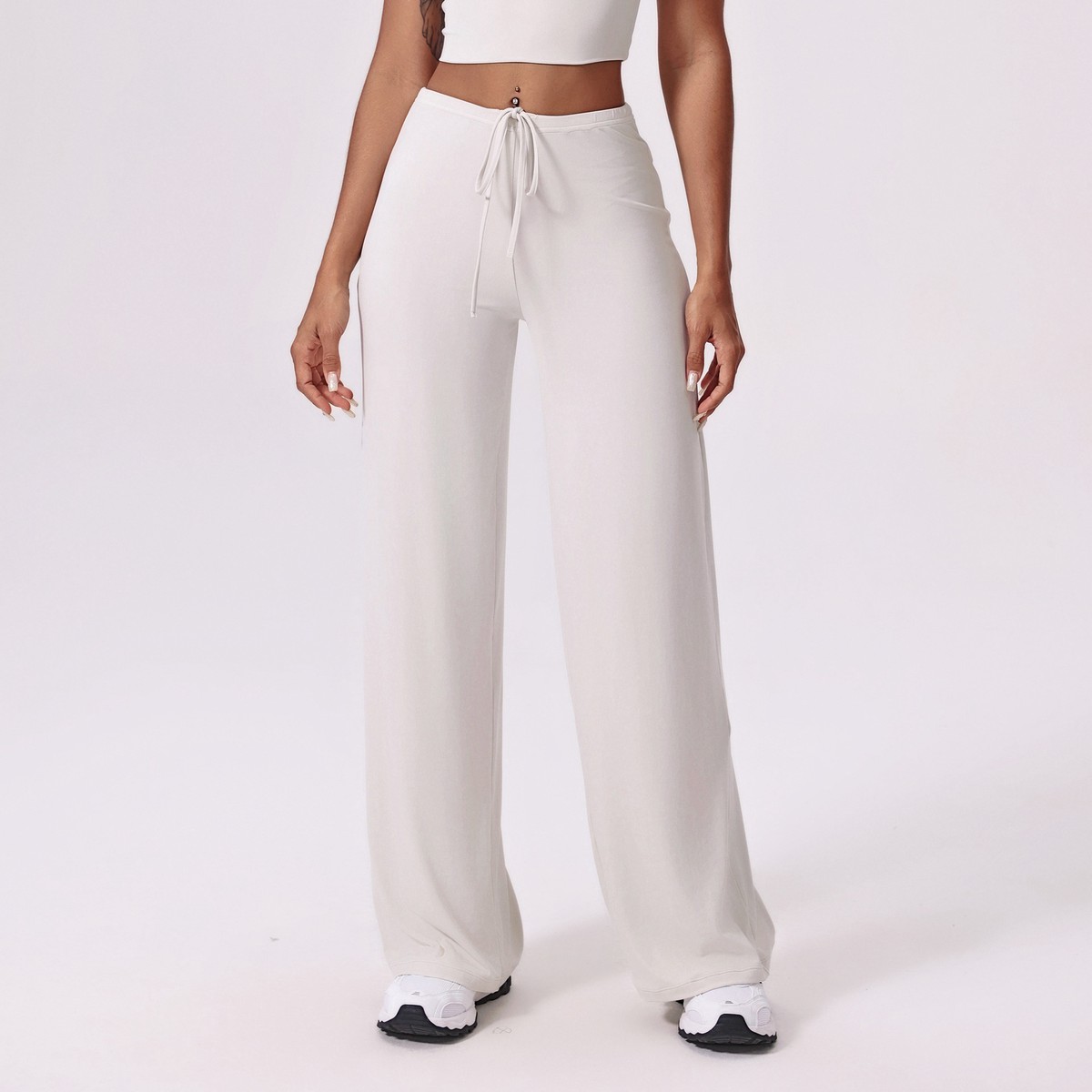 Women's High Waist Casual Yoga Pants with Antibacterial Elastic Drawstring Wide Leg Gym Fitness Clothing Pockets Solid Pattern