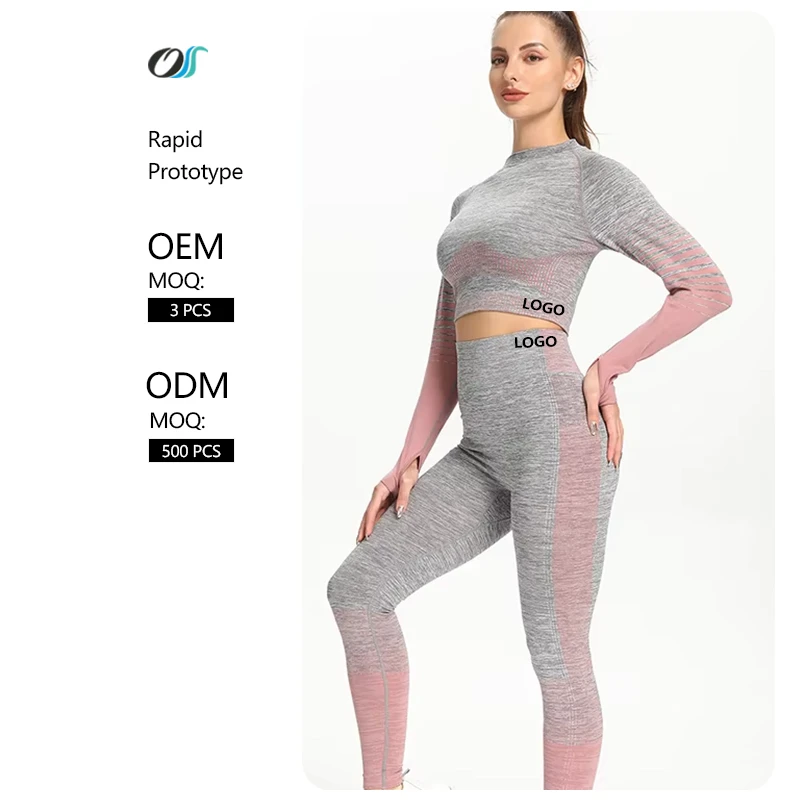 Women's Quick Dry 2-Piece Gym Fitness Yoga Set Seamless Long Sleeve Top and Waist Logo Tight Leggings Sport Suit