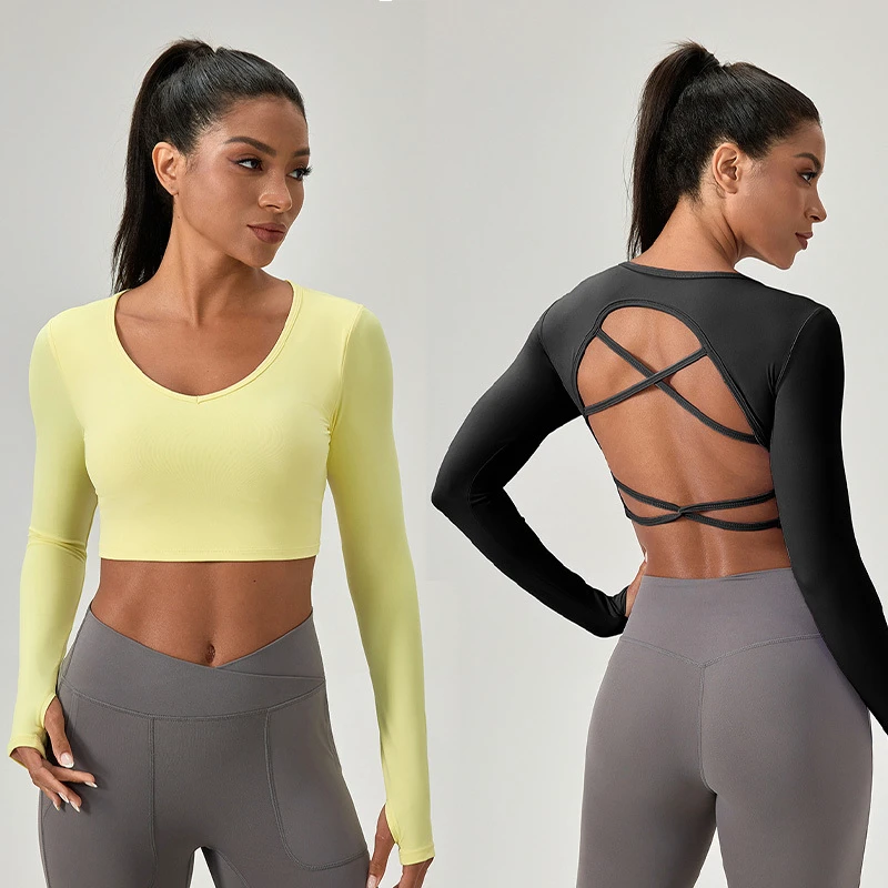 Women Crop Top Long Sleeve Padded Sports Medium Support Yoga Shirt Sexy Beautiful Back Workout Long Sleeve Crop Tops for Women
