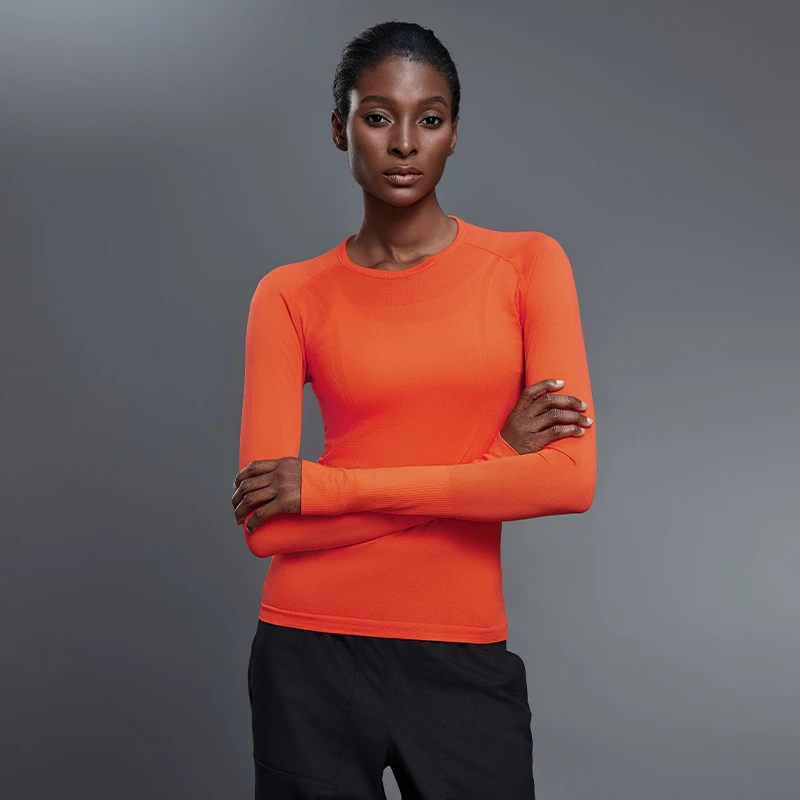 Womens Long Sleeve Fitted Nylon Spandex Ice Silk Yoga Top Seamless Four Way Stretch Breathable Quick Dry Multi ColorAthleticWear