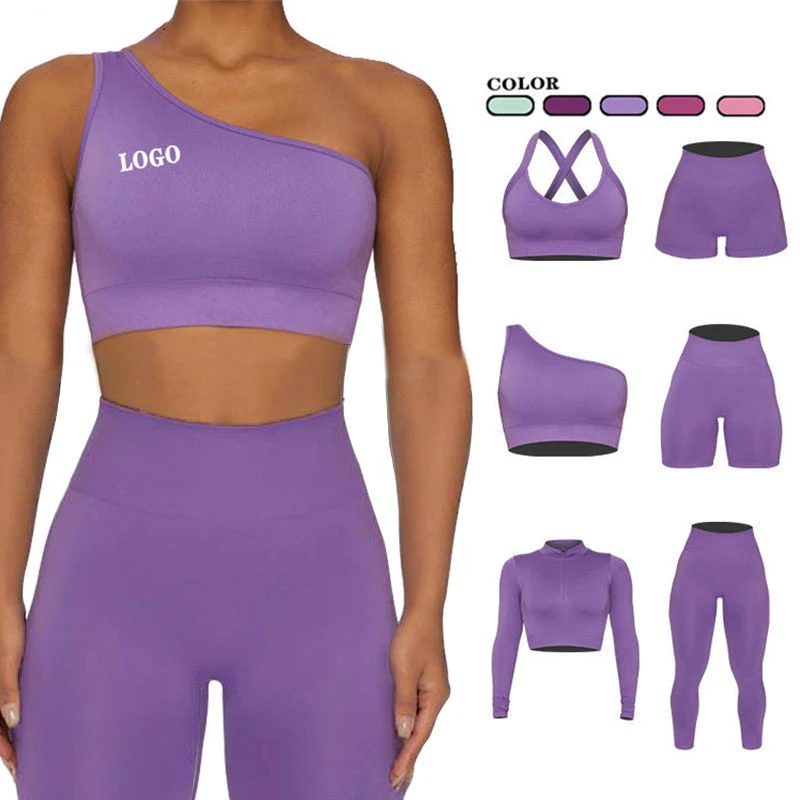 Seamless Gym Clothing for Women High Waist 5pc Yoga Set Fitness High Stretch Breathable Crop Top Bra Leggings Workout Sets