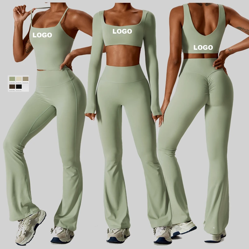Women Roupa De Esporte Sport Bra Fitness Vest Square Collar Long Sleeves High Waist Flares Pants Gym Workout Wear 4 Pcs Yoga Set