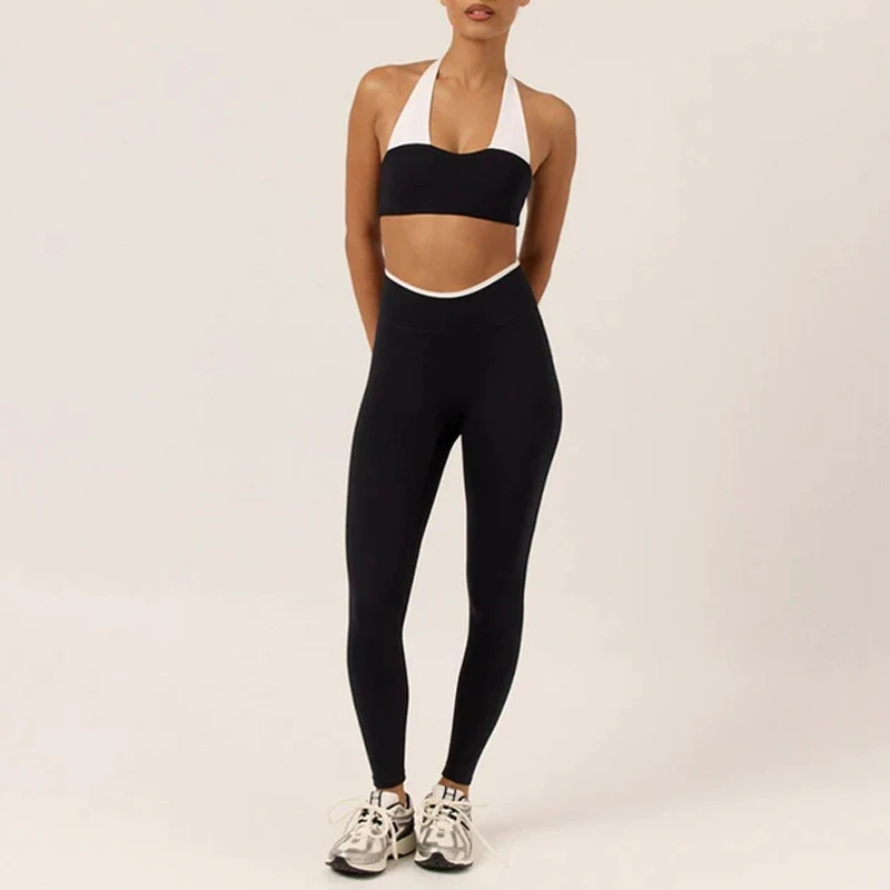 New Color Contrast Hanging Neck Underwear Yoga Set With Chest Mat Fitness Pants Pilates Two Piece Set for Women