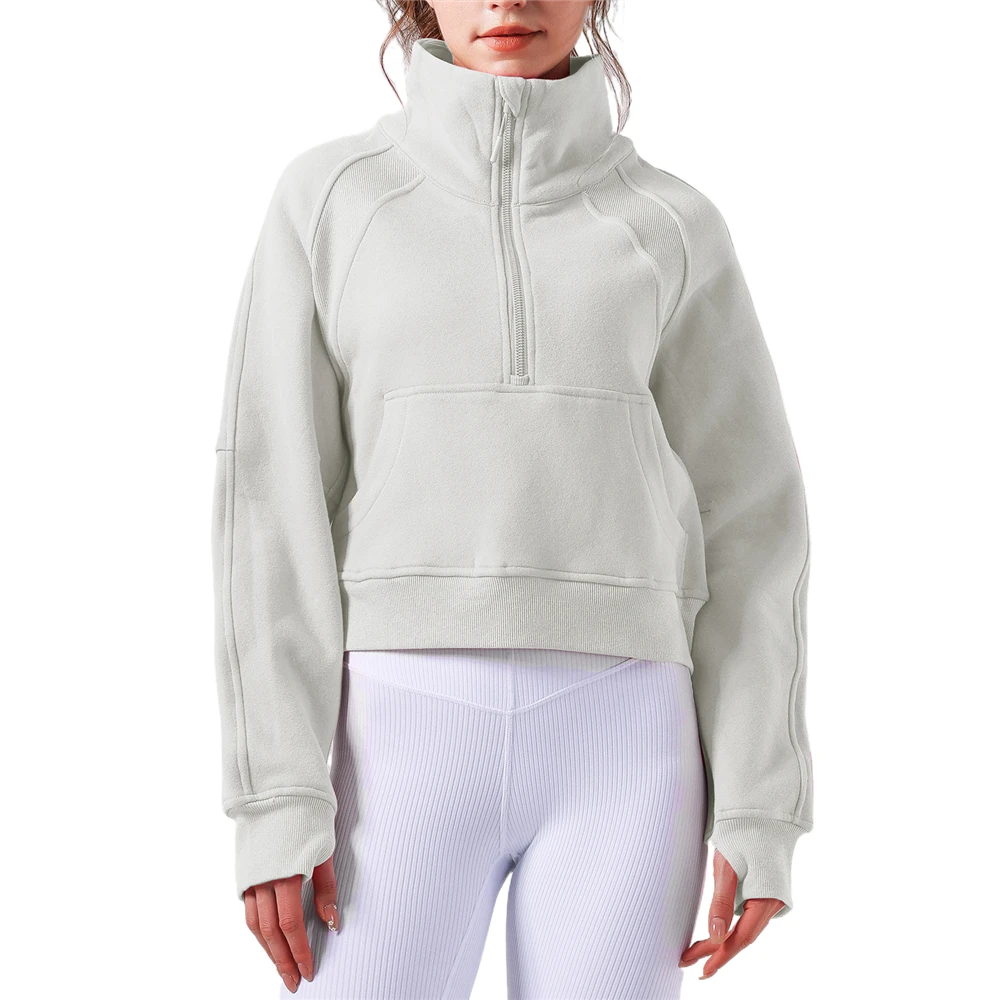 Autumn and Winter Half Zipper Stand Collar Yoga Clothes with Pockets Women's Sports Sweatshirt Loose Casual Tops Women