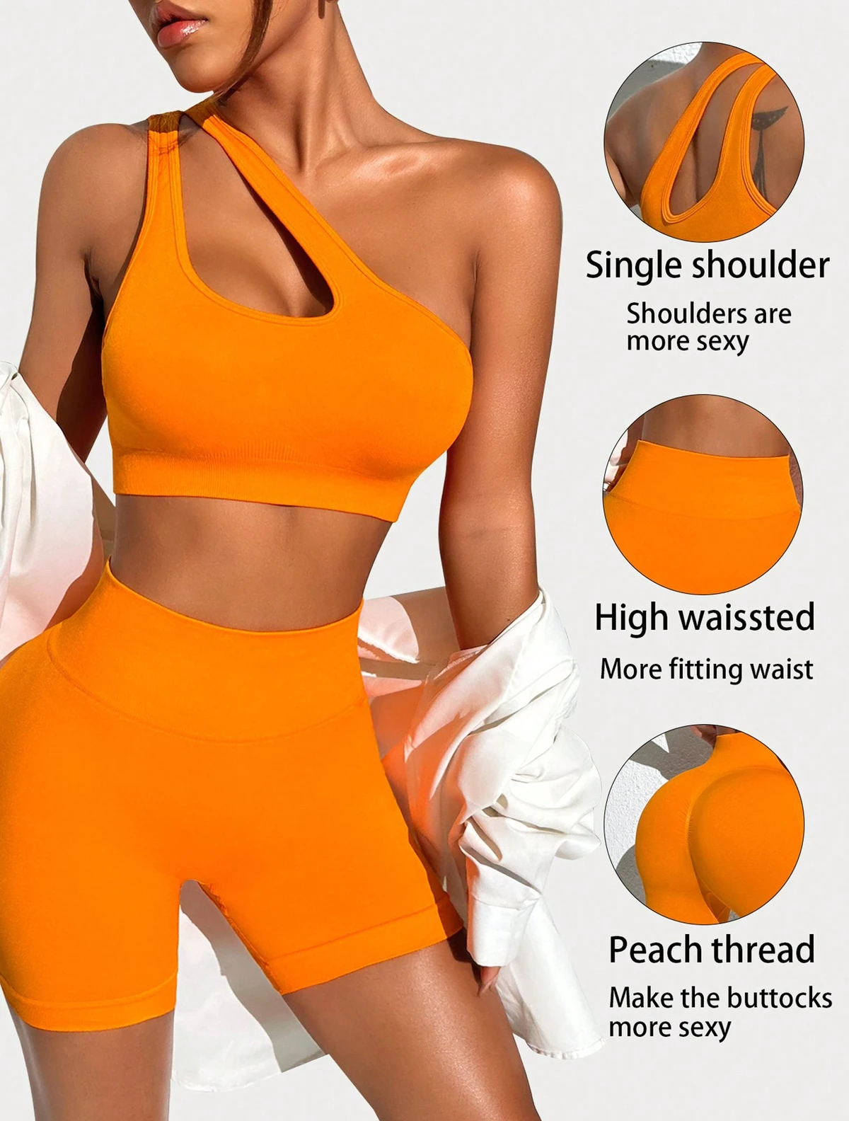 Outer Wearing Seamless Solid Single Shoulder Detachable Chest Pad Short Sports Suit Honey Hip Tight High Waist Yoga 2-Piece Set