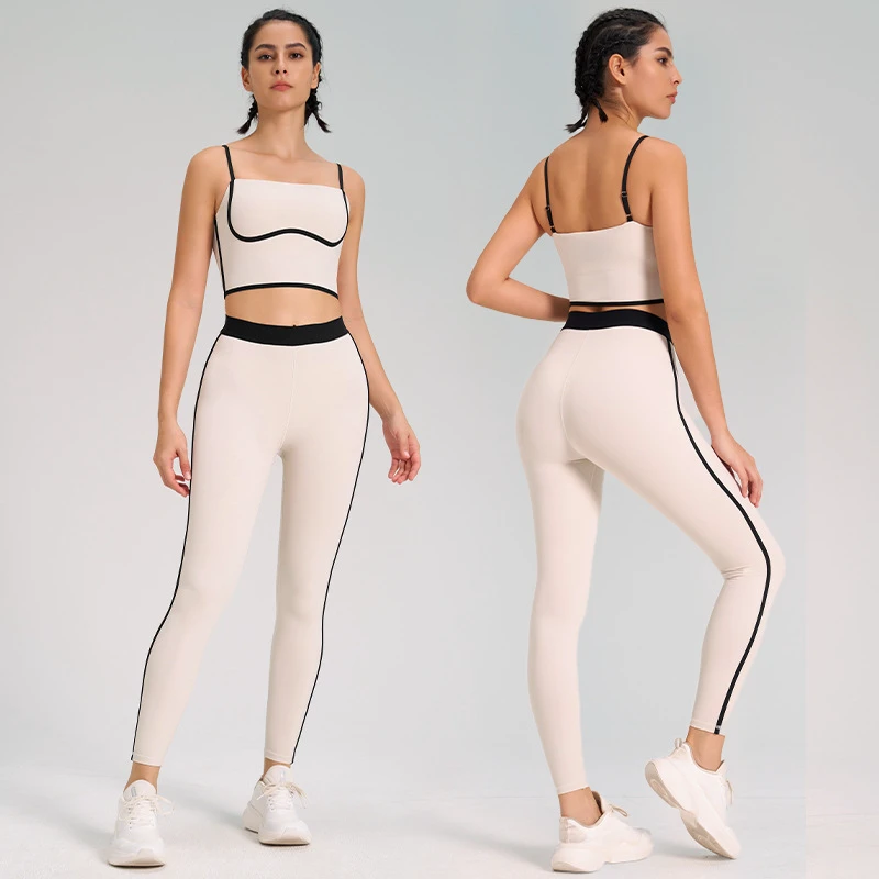 European American Cross-border Sports Yoga Suit Two-piece Solid Breathable Spandex/Nylon Naked Feeling Double-sided Brushed