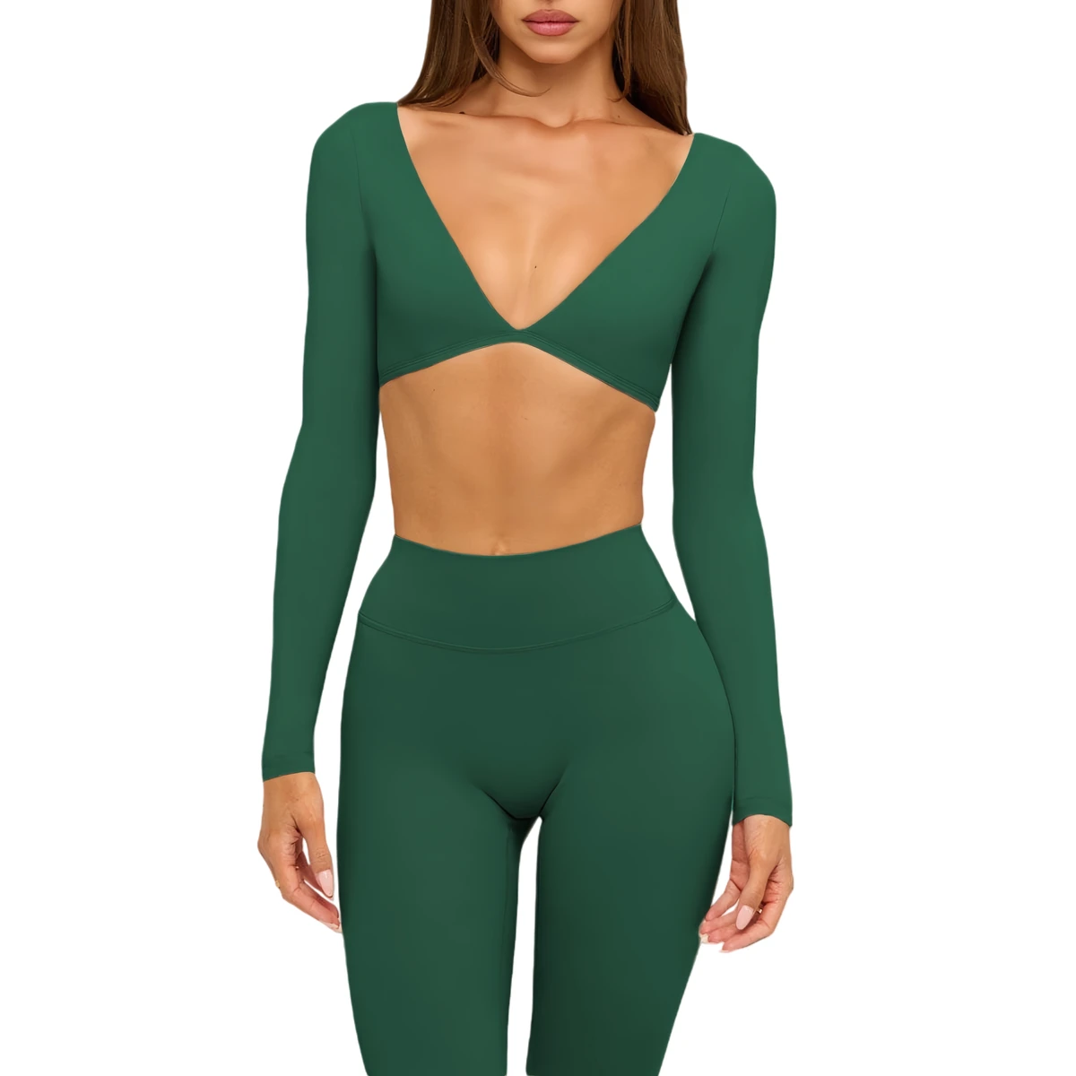 Women Long Sleeve V Neck Yoga Top Quick Dry Workout Fitness Solid Gym Sports Shirt Activewear