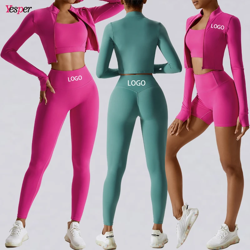 Slim Nylon Sport Suit Bra High Waist Custom Logo Leggings Long Sleeve 3 Piece Women Yoga Pants Set Seamless Butt Gym Fitness