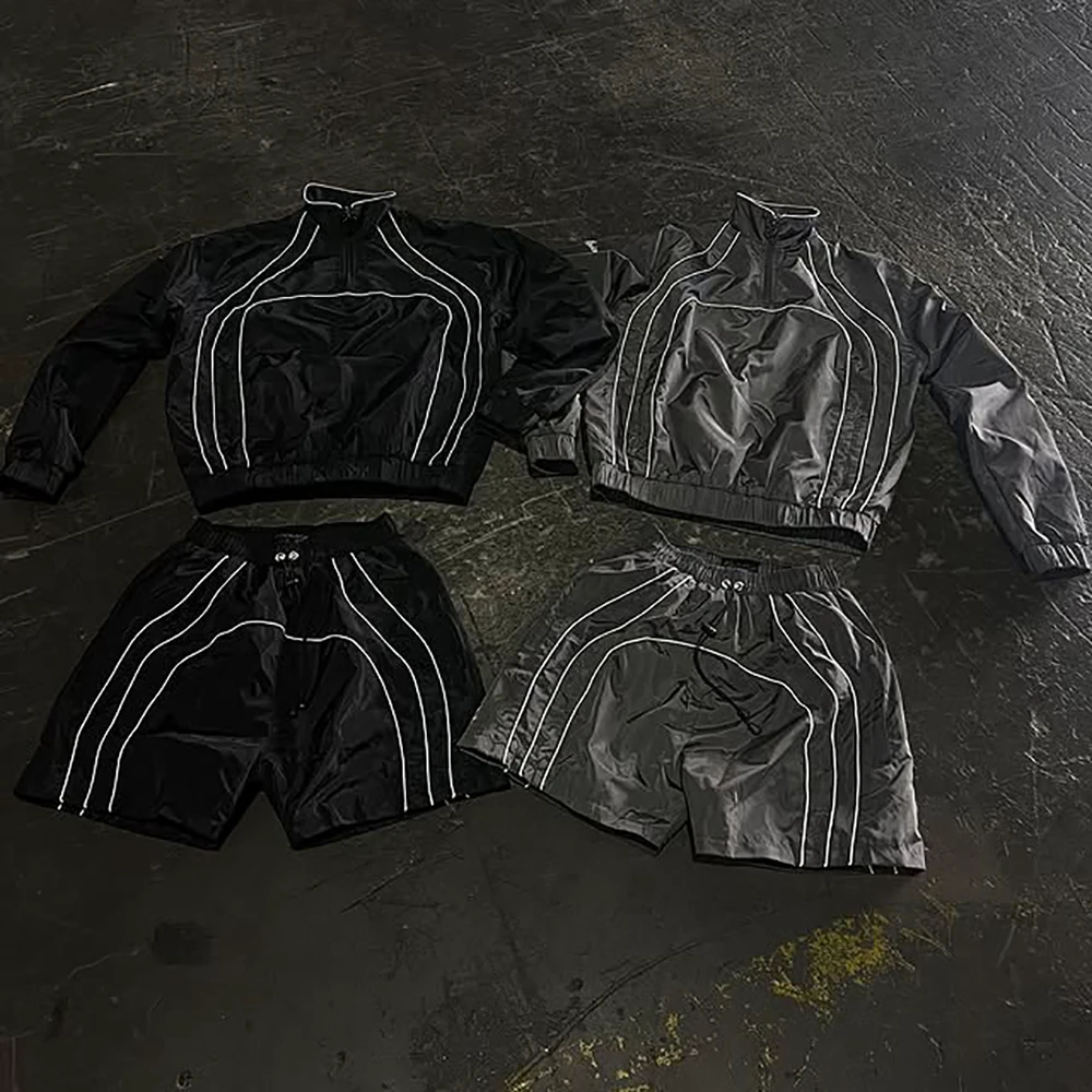 High Quality Custom Waterproof Polyester Nylon Windbreaker Track Jacket and Shorts Set Track Suit Men high quality