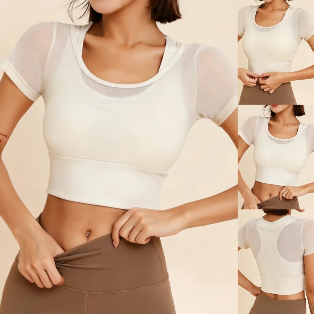 Mesh for Quick-Drying Yoga Wear Womens Short-Sleeve Top Chest Pads Tight-Fitting Slimming Elegant Solid Sports Running