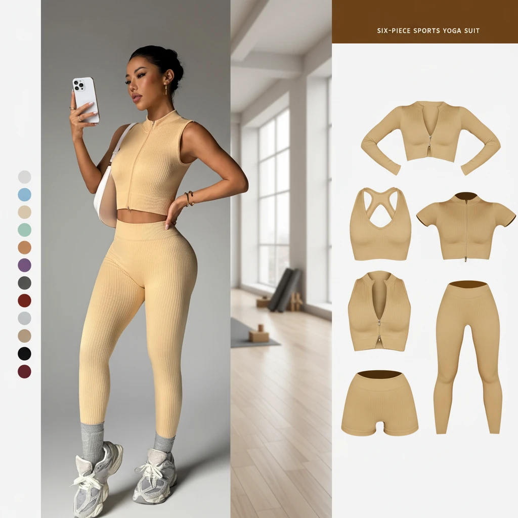 Women Full Sleeve Yoga Sets 6 Piece Set Gym Training Vest Athletic Fitness Activewear Outfit Elastic Waist Gym Fitness Clothes